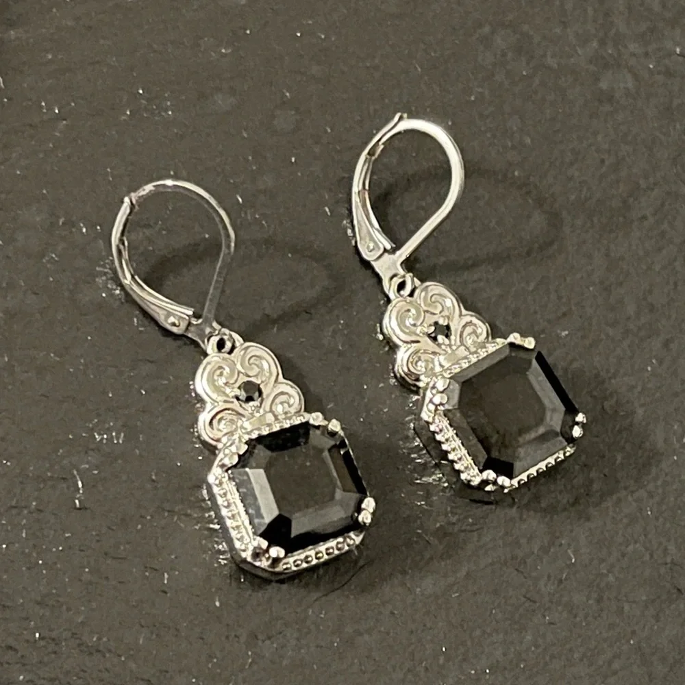 Black Princess Cut Onyx Scroll Detail Earrings Marked 316 SS Lever Back Hooks